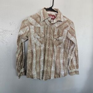 Red Ranch Boys Medium Tan and White Western Shirt Long Sleeve Pearl Snap Paisley
